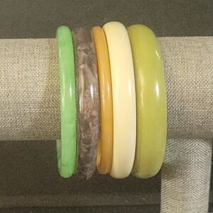 Vintage Resin Bangle Bracelet Set 5pc Green Brown Cream 2.5 inch Inner Diameter